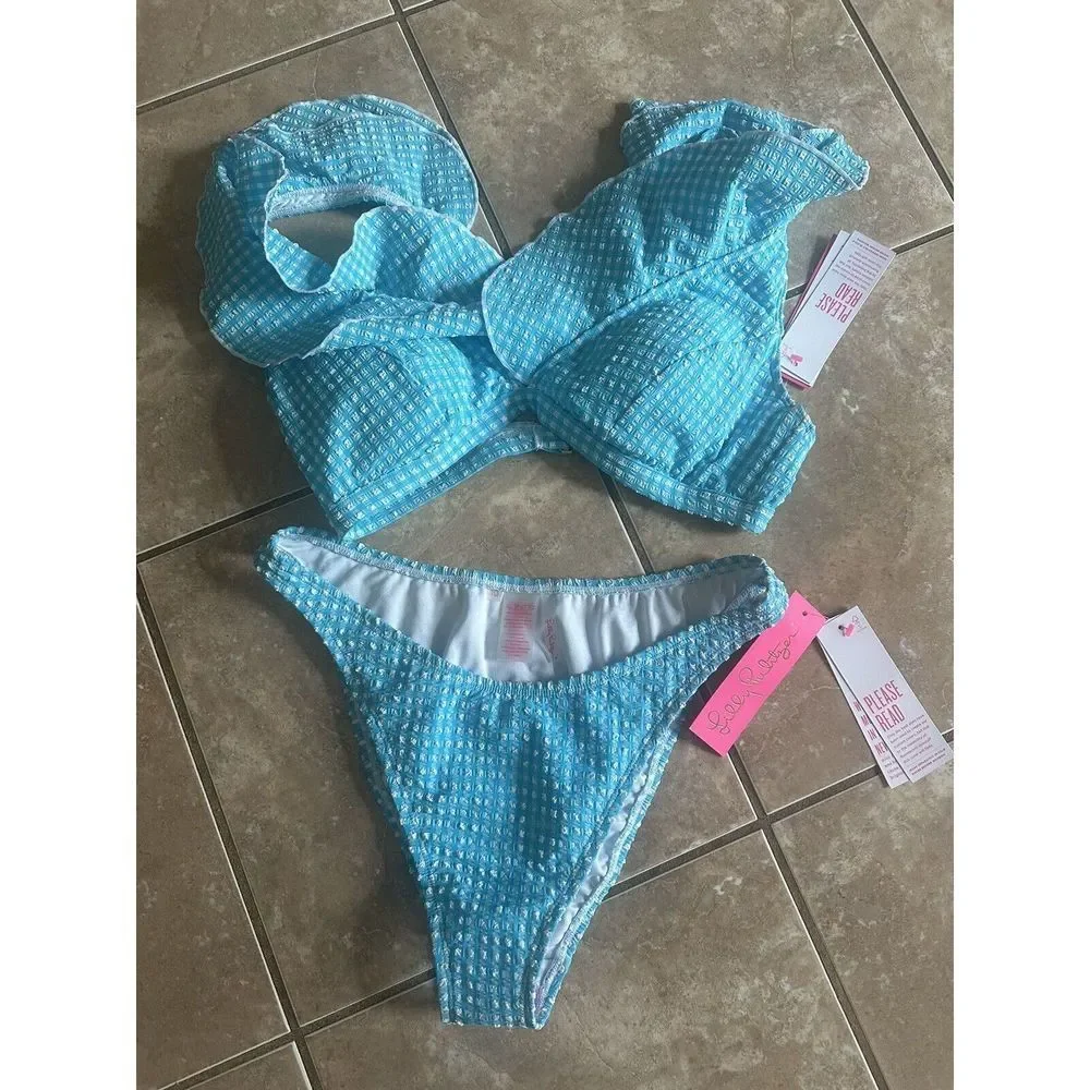 NWT Lilly Pulitzer 10 Crinkle Gingham Swim Bikini Set Turquoise Oasis - Picture 1 of 7